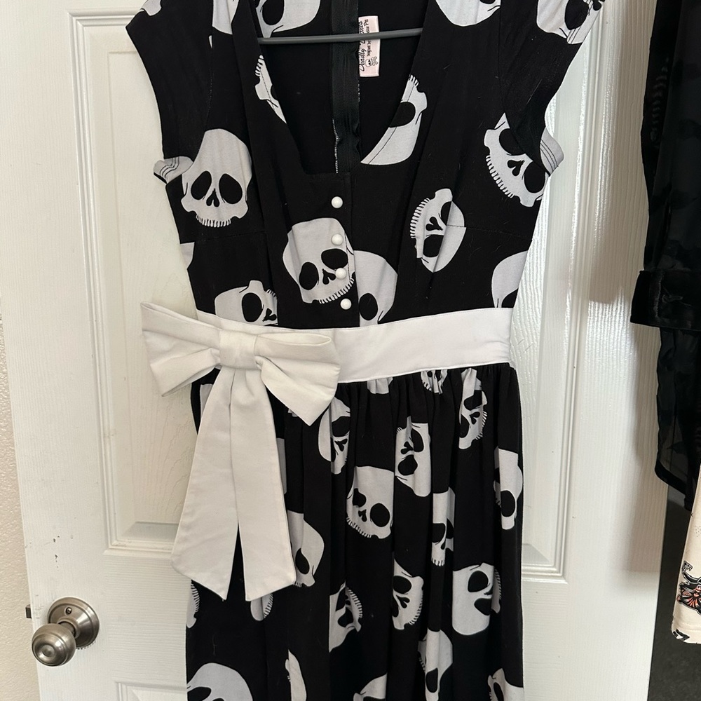 DEADLY DAMES Black and White Skull Dress with Bow